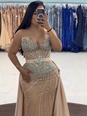 Strapless Beaded Champagne Evening Gown